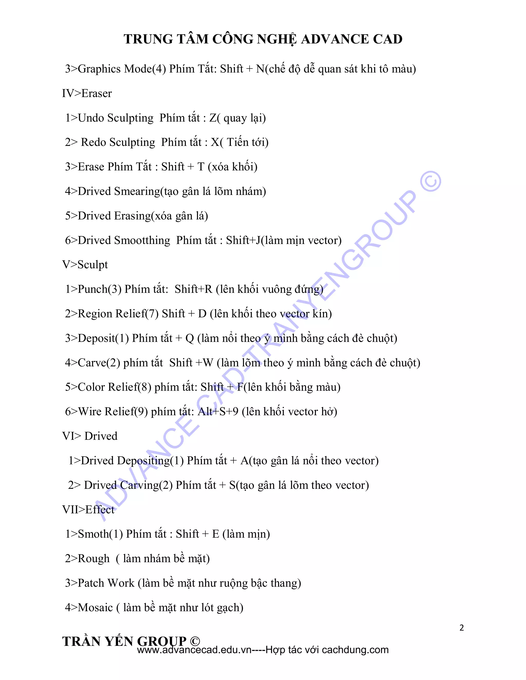TRUNG TÂM CÔNG NGHỆ ADVANCE CAD
2
TRẦN YẾN GROUP ©
3>Graphics Mode(4) Phím Tắt: Shift + N(chế độ dễ quan sát khi tô màu)
IV>Eraser
1>Undo Sculpting Phím tắt : Z( quay lại)
2> Redo Sculpting Phím tắt : X( Tiến tới)
3>Erase Phím Tắt : Shift + T (xóa khối)
4>Drived Smearing(tạo gân lá lõm nhám)
5>Drived Erasing(xóa gân lá)
6>Drived Smootthing Phím tắt : Shift+J(làm mịn vector)
V>Sculpt
1>Punch(3) Phím tắt: Shift+R (lên khối vuông đứng)
2>Region Relief(7) Shift + D (lên khối theo vector kín)
3>Deposit(1) Phím tắt + Q (làm nổi theo ý mình bằng cách đè chuột)
4>Carve(2) phím tắt Shift +W (làm lõm theo ý mình bằng cách đè chuột)
5>Color Relief(8) phím tắt: Shift + F(lên khối bằng màu)
6>Wire Relief(9) phím tắt: Alt+S+9 (lên khối vector hở)
VI> Drived
1>Drived Depositing(1) Phím tắt + A(tạo gân lá nổi theo vector)
2> Drived Carving(2) Phím tắt + S(tạo gân lá lõm theo vector)
VII>Effect
1>Smoth(1) Phím tắt : Shift + E (làm mịn)
2>Rough ( làm nhám bề mặt)
3>Patch Work (làm bề mặt như ruộng bậc thang)
4>Mosaic ( làm bề mặt như lót gạch)
AD
VAN
C
E
C
AD
-TR
AN
YEN
G
R
O
U
P
©
www.advancecad.edu.vn----Hợp tác với cachdung.com
 
