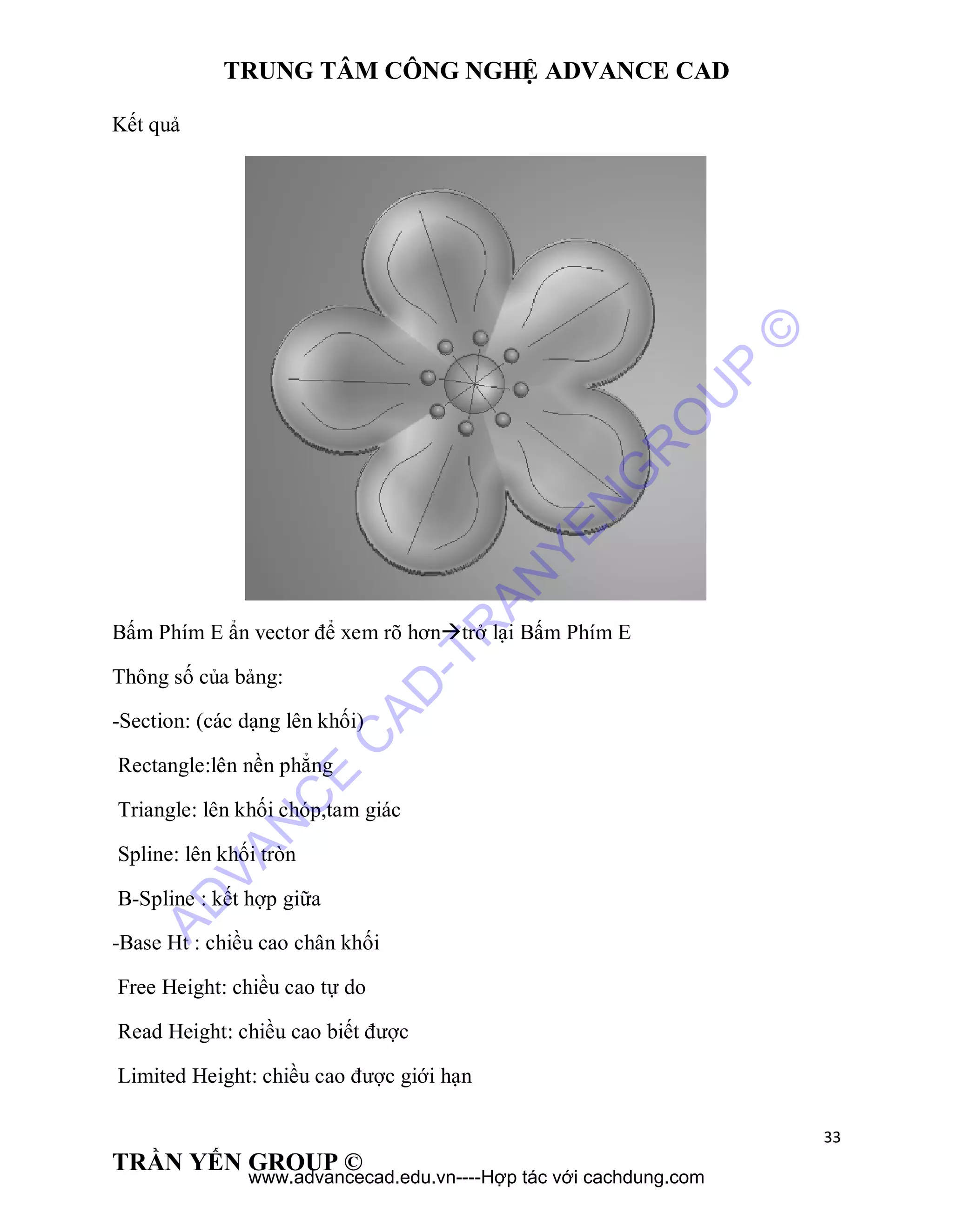 TRUNG TÂM CÔNG NGHỆ ADVANCE CAD
33
TRẦN YẾN GROUP ©
Kết quả
Bấm Phím E ẩn vector để xem rõ hơntrở lại Bấm Phím E
Thông số của bảng:
-Section: (các dạng lên khối)
Rectangle:lên nền phẳng
Triangle: lên khối chóp,tam giác
Spline: lên khối tròn
B-Spline : kết hợp giữa
-Base Ht : chiều cao chân khối
Free Height: chiều cao tự do
Read Height: chiều cao biết được
Limited Height: chiều cao được giới hạn
AD
VAN
C
E
C
AD
-TR
AN
YEN
G
R
O
U
P
©
www.advancecad.edu.vn----Hợp tác với cachdung.com
 