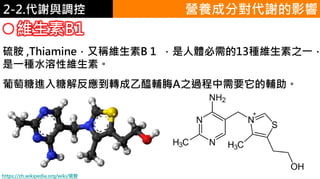 2. 葡萄糖代謝2-2.代謝與調控
維生素B1
營養成分對代謝的影響
硫胺 ,Thiamine，又稱維生素B 1 ，是人體必需的13種維生素之一，
是一種水溶性維生素。
葡萄糖進入糖解反應到轉成乙醯輔脢A之過程中需要它的輔助。
https://zh.wikipedia.org/wiki/硫胺
 