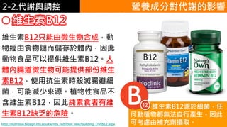 2. 葡萄糖代謝2-2.代謝與調控
維生素B12
營養成分對代謝的影響
維生素B12只能由微生物合成，動
物經由食物鏈而儲存於體內，因此
動物食品可以提供維生素B12。人
體內腸道微生物可能提供部份維生
素B12，使用抗生素時殺滅腸道細
菌，可能減少來源。植物性食品不
含維生素B12，因此純素食者有維
生素B12缺乏的危險。
維生素B12源於細菌，任
何動植物都無法自行產生。因此
可考慮由補充劑攝取。http://nutrition.bioagri.ntu.edu.tw/ntu_nutrition_new/building_7/vitb12.aspx
 