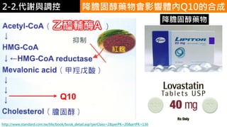 2. 葡萄糖代謝
http://www.standard.com.tw/life/book/book_detail.asp?perClass=2&perPK=20&artPK=136
降膽固醇藥物
Q10
降膽固醇藥物會影響體內Q10的合成
乙醯輔酶A
2-2.代謝與調控
 