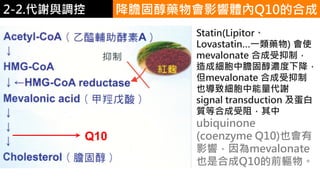 2. 葡萄糖代謝
Statin(Lipitor、
Lovastatin…一類藥物) 會使
mevalonate 合成受抑制，
造成細胞中膽固醇濃度下降，
但mevalonate 合成受抑制
也導致細胞中能量代謝
signal transduction 及蛋白
質等合成受阻，其中
ubiquinone
(coenzyme Q10)也會有
影響，因為mevalonate
也是合成Q10的前軀物。
Q10
降膽固醇藥物會影響體內Q10的合成2-2.代謝與調控
 