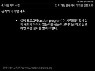 한국마케팅교육연구소 www.marketingkorea.org
3) 마케팅 플랜에서 마케팅 실행으로
2장. 마케팅 전략과 계획 수립
4. 제품 계획 수립
 실행 프로그램(action program)이 시작되면 혹시 실
제 계획과 차이가 있는지를 꼼꼼히 모니터링 하고 필요
하면 수정 절차를 밟아야 한다.
관계와 마케팅 계획
 