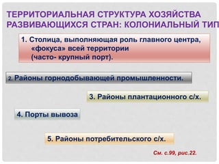 ТЕРРИТОРИАЛЬНАЯ СТРУКТУРА ХОЗЯЙСТВА
РАЗВИВАЮЩИХСЯ СТРАН: КОЛОНИАЛЬНЫЙ ТИП
1. Столица, выполняющая роль главного центра,
«фокуса» всей территории
(часто- крупный порт).
2. Районы горнодобывающей промышленности.
3. Районы плантационного с/х.
5. Районы потребительского с/х.
4. Порты вывоза
См. с.99, рис.22.
 