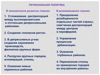 1. Сглаживание диспропорций
между высокоразвитыми
и отсталыми депрессивными
районами.
2. Создание «полюсов роста».
3. В депрессивных р-нах
создание наукоемких
производств,
филиалов крупных фирм.
4. Разгрузка крупных городов,
агломераций, столиц.
5. Освоение новых
окраинных районов.
1. Преодоление
разобщенности
отдельных частей страны,
смягчение диспропорций
между центром
и периферией.
2. Управление
процессом
урбанизации.
3. Освоение
глубинных районов.
4. Перенесение столиц
из приморских городов
во внутренние районы.
РЕГИОНАЛЬНАЯ ПОЛИТИКА
В экономически развитых странах: В развивающихся странах:
 