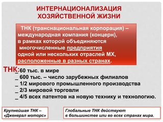 ИНТЕРНАЦИОНАЛИЗАЦИЯ
ХОЗЯЙСТВЕННОЙ ЖИЗНИ
ТНК (транснациональная корпорация) –
международная компания (концерн),
в рамках которой объединяются
многочисленные предприятия
одной или нескольких отраслей МХ,
расположенные в разных странах.
ТНК:_ 60 тыс. в мире
_ 600 тыс. – число зарубежных филиалов
_ 1/2 мирового промышленного производства
_ 2/3 мировой торговли
_ 4/5 всех патентов на новую технику и технологию.
Крупнейшая ТНК –
«Дженерал моторс»
Глобальные ТНК действуют
в большинстве или во всех странах мира.
 
