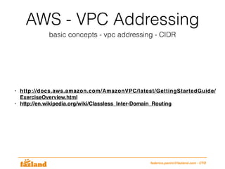 AWS - VPC Addressing
basic concepts - vpc addressing - CIDR
• http://docs.aws.amazon.com/AmazonVPC/latest/GettingStartedGuide/
ExerciseOverview.html
• http://en.wikipedia.org/wiki/Classless_Inter-Domain_Routing
federico.panini@fazland.com - CTO
 