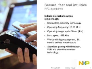 Secure, fast and intuitive
NFC at a glance
Initiate interactions with a
simple touch:
• Contactless proximity technology
• Operating frequency: 13.56 MHz
• Operating range: up to 10 cm (4 in)
• Max. speed: 848 kb/s
• Works with legacy payment, ID,
transit, access infrastructure
• Seamless pairing with Bluetooth,
WiFi and any other wireless
technology
February 9, 2016 COMPANY PUBLIC2.
February 9, 2016 COMPANY PUBLIC 2.
 