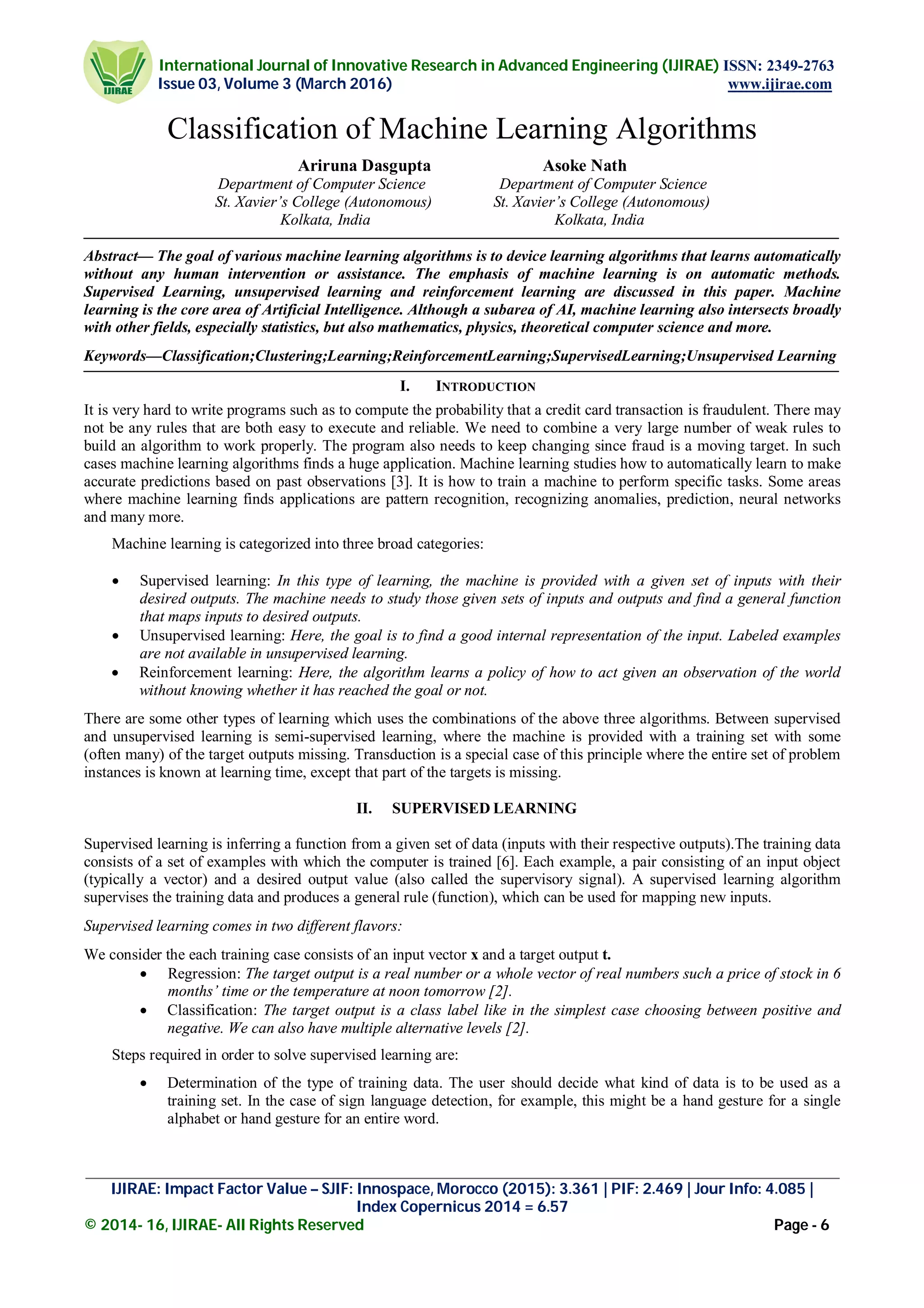 Classification of Machine Learning Algorithms | PDF