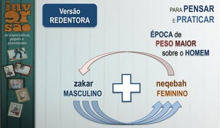 zakar neqebah
MASCULINO FEMININO
Versão
REDENTORA
PARA PENSAR
E PRATICAR
ÉPOCA de
PESO MAIOR
sobre o HOMEM
 