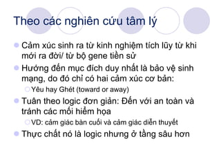 Theo các nghiên cứu tâm lý
 Cảm xúc sinh ra từ kinh nghiệm tích lũy từ khi
mới ra đời/ từ bộ gene tiền sử
 Hướng đến mục đích duy nhất là bảo vệ sinh
mạng, do đó chỉ có hai cảm xúc cơ bản:
Yêu hay Ghét (toward or away)
 Tuân theo logic đơn giản: Đến với an toàn và
tránh các mối hiểm họa
VD: cảm giác bàn cuối và cảm giác diễn thuyết
 Thực chất nó là logic nhưng ở tầng sâu hơn
 