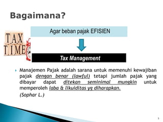 Agar beban pajak EFISIEN
 Manajemen Pajak adalah sarana untuk memenuhi kewajiban
pajak dengan benar (lawful) tetapi jumlah pajak yang
dibayar dapat ditekan seminimal mungkin untuk
memperoleh laba & likuiditas yg diharapkan.
(Sophar L.)
Tax Management
5
 