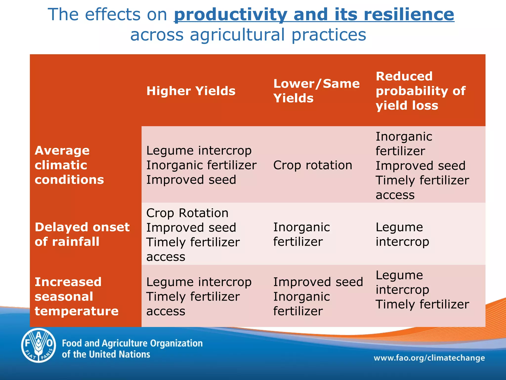 The effects on productivity and its resilience
across agricultural practices
Higher Yields
Lower/Same
Yields
Reduced
probability of
yield loss
Average
climatic
conditions
Legume intercrop
Inorganic fertilizer
Improved seed
Crop rotation
Inorganic
fertilizer
Improved seed
Timely fertilizer
access
Delayed onset
of rainfall
Crop Rotation
Improved seed
Timely fertilizer
access
Inorganic
fertilizer
Legume
intercrop
Increased
seasonal
temperature
Legume intercrop
Timely fertilizer
access
Improved seed
Inorganic
fertilizer
Legume
intercrop
Timely fertilizer
 
