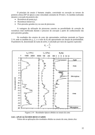 O princípio do ensaio é bastante simples, consistindo na cravação no terreno da
ponteira cônica (60º de ápice) a uma velocidade constante de 20 mm/s. As medidas realizadas
durante a cravação da ponteira são:
• Resistência de ponta (qc);
• Resistência lateral (fs);
• Poro-pressões geradas (u), no caso de piezocone.
A vantagem da utilização do piezocone consiste na possibilidade de correção da
resistência total mobilizada durante o processo de cravação a partir do conhecimento das
poro-pressões geradas.
Os resultados dos ensaios de cone são apresentados conforme mostrado na Figura
2.14, onde as medidas de qc, fs, e o valor de Rf são apresentados em função da profundidade.
O parâmetro Rf, denominado de razão de atrito, é calculado por meio da seguinte expressão:
c
s
f
q
f
R =
Figura 2.14 – Resultados típicos obtidos no ensaio de cone
2.8.3. APLICAÇÃO DOS RESULTADOS
Várias são as aplicações dos resultados obtidos no ensaio de cone, dentre eles:
32
 