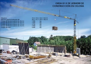 Productividad de Equipo Pesado 2011-II.Wong
GRÚA 81 K DE LIEBHERR DE
CONSTRUCCIÓN EN CELOSÍA
•Alcance: 31,0 / 37,0 / 42,0 / 45,0 m
•Alcance pluma inclinada 30°: 26,5 / 31,7 / 36,0 / 38,6 m
•Carga útil alcance pluma de 45,0 m: 1.400 kg
•Carga útil alcance pluma de 42,0 m: 1.650 kg
•Carga útil alcance pluma de 37,0 m: 2.150 kg
•Carga útil alcance pluma de 31,0 m: 2.900 kg
•Carga útil máx.: 6.000 kg
 