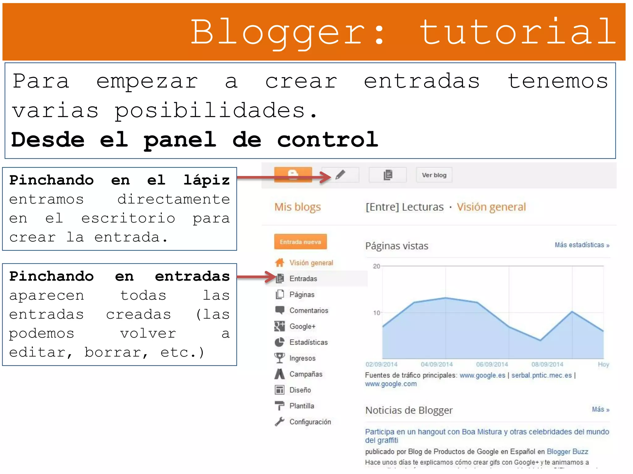 Blogger: tutorial
Para empezar a crear entradas tenemos
varias posibilidades.
Desde el panel de control
Pinchando en el lápiz
entramos directamente
en el escritorio para
crear la entrada.
Pinchando en entradas
aparecen todas las
entradas creadas (las
podemos volver a
editar, borrar, etc.)
 