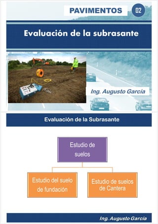Evaluación de la subrasante
02PAVIMENTOS
Ing. Augusto García
Estudio de
suelos
Estudio del suelo
de fundación
Estudio de suelos
de Cantera
Evaluación de la Subrasante
 