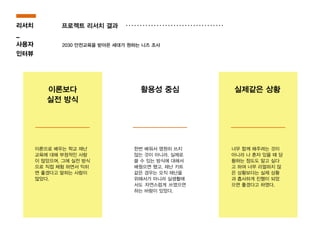 프로젝트 리서치 결과
2030 안전교육을 받아온 세대가 원하는 니즈 조사
이론으로 배우는 학교 재난
교육에 대해 부정적인 사람
이 많았으며, 그에 실전 방식
으로 직접 체험 하면서 익히
면 좋겠다고 말하는 사람이
많았다.
리서치
_
사용자
인터뷰
이론보다
실전 방식
활용성 중심 실제같은 상황
한번 배워서 영원히 쓰지
않는 것이 아니라. 실제로
쓸 수 있는 방식에 대해서
배웠으면 했고, 재난 키트
같은 경우는 오직 재난을
위해서가 아니라 실생활에
서도 자연스럽게 쓰였으면
하는 바람이 있었다.
너무 함께 해주려는 것이
아니라 나 혼자 있을 때 당
황하는 정도도 알고 싶다
고 하여 너무 리얼하지 않
은 상황보다는 실제 상황
과 흡사하게 진행이 되었
으면 좋겠다고 하였다.
 