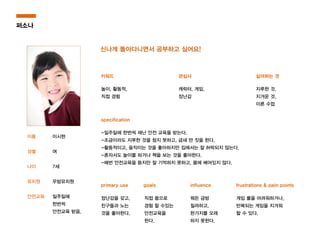퍼소나
이름
성별
나이
유치원
안전교육
신나게 돌아다니면서 공부하고 싶어요!
키워드 관심사 싫어하는 것
specification
primary use goals influence frustrations & pain points
이시현
여
7세
우밤유치원
일주일에
한번씩
안전교육 받음.
놀이, 활동적,
직접 경험
캐릭터, 게임,
장난감
지루한 것,
지겨운 것,
이론 수업
-일주일에 한번씩 재난 안전 교육을 받는다.
-조금이라도 지루한 것을 참지 못하고, 금새 딴 짓을 한다.
-활동적이고, 움직이는 것을 좋아하지만 집에서는 잘 허락되지 않는다.
-혼자서도 놀이를 하거나 책을 보는 것을 좋아한다.
-매번 안전교육을 듣지만 잘 기억하지 못하고, 몸에 배어있지 않다.
장난감을 갖고,
친구들과 노는
것을 좋아한다.
직접 몸으로
경험 할 수있는
안전교육을
한다.
뭐든 금방
질려하고,
한가지를 오래
하지 못한다.
게임 룰을 어려워하거나,
반복되는 게임을 지겨워
할 수 있다.
 