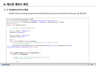 25Page l 25
4. 테스트 케이스 확인
q 1. EmpServiceTest 확인
– /lab204-ibatis/src/test/java/egovframework/lab/dataaccess/service/EmpServiceTest.java 를 확인한다.
@RunWith(SpringJUnit4ClassRunner.class)
@ContextConfiguration(locations = {"classpath*:META-INF/spring/context-*" })
@TransactionConfiguration(transactionManager = "txManager", defaultRollback = false)
@Transactional
public class EmpServiceTest {
// TODO [Step 3-1] BasicCRUDTest 실행
@Resource(name = "dataSource")
DataSource dataSource;
@Resource(name = "empService")
EmpService empService;
@Before
public void onSetUp() throws Exception {
// 테스트 편의상 매 테스트메서드 수행전 외부의 sql file 로부터 DB 초기화
// (기존 테이블 삭제/생성)
JdbcTestUtils.executeSqlScript(new JdbcTemplate(dataSource), new ClassPathResource("META-
INF/testdata/sample_schema_hsql.sql"), true);
}
public EmpVO makeVO() throws ParseException {
EmpVO vo = new EmpVO();
// empNo 는 Biz. 서비스 내에서 id generation service 에
// 의해 key 를 따고 설정할 것임.
... (계속)
 