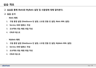 3Page l 3
실습 개요
q 실습을 통해 iBatis와 MyBatis 설정 및 사용법에 대해 알아본다.
q 실습 순서
- iBatis 예제
1. 구동 환경 설정 (DataSource 빈 설정, 스프링 연동 빈 설정, iBatis XML 설정)
2. Service, DAO 클래스 작성
3. 오브젝트-SQL 매핑 파일 작성
4. CRUD 테스트
- MyBatis 예제
1. 구동 환경 설정 (DataSource 빈 설정, 스프링 연동 빈 설정, MyBatis XML 설정)
2. Service, DAO 클래스 작성
3. 오브젝트-SQL 매핑 파일 작성
4. CRUD 테스트
 