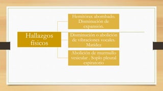 Hallazgos
físicos
Hemitórax abombado.
Disminución de
expansión.
Disminución o abolición
de vibraciones vocales.
Matidez
Abolición de murmullo
vesicular . Soplo pleural
espiratorio
 