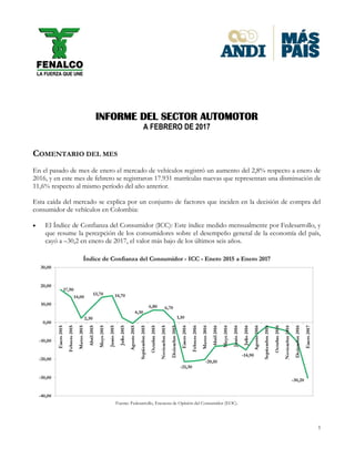 1
INFORME DEL SECTOR AUTOMOTOR
A FEBRERO DE 2017
COMENTARIO DEL MES
En el pasado de mes de enero el mercado de vehículos registró un aumento del 2,8% respecto a enero de
2016, y en este mes de febrero se registraron 17.931 matrículas nuevas que representan una disminución de
11,6% respecto al mismo período del año anterior.
Esta caída del mercado se explica por un conjunto de factores que inciden en la decisión de compra del
consumidor de vehículos en Colombia:
 El Índice de Confianza del Consumidor (ICC): Este índice medido mensualmente por Fedesarrollo, y
que resume la percepción de los consumidores sobre el desempeño general de la economía del país,
cayó a –30,2 en enero de 2017, el valor más bajo de los últimos seis años.
Fuente: Fedesarrollo, Encuesta de Opinión del Consumidor (EOC).
 