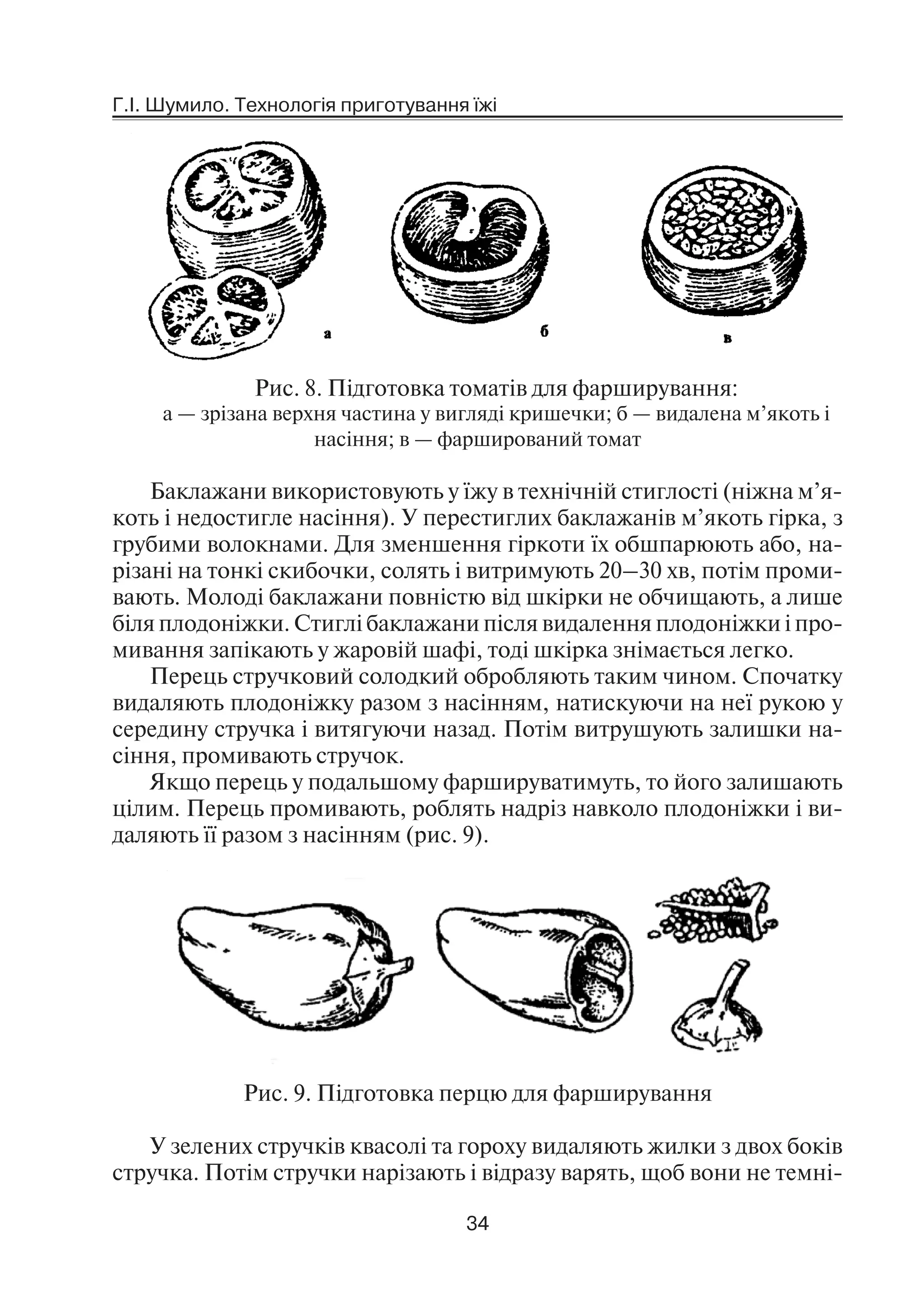 Г.І. Шумило. Технологія приготування їжі
34
Рис. 8. Підготовка томатів для фарширування:
а — зрізана верхня частина у вигляді кришечки; б — видалена м’якоть і
насіння; в — фарширований томат
Баклажани використовують у їжу в технічній стиглості (ніжна м’я
коть і недостигле насіння). У перестиглих баклажанів м’якоть гірка, з
грубими волокнами. Для зменшення гіркоти їх обшпарюють або, на
різані на тонкі скибочки, солять і витримують 20–30 хв, потім проми
вають. Молоді баклажани повністю від шкірки не обчищають, а лише
біля плодоніжки. Стиглі баклажани після видалення плодоніжки і про
мивання запікають у жаровій шафі, тоді шкірка знімається легко.
Перець стручковий солодкий обробляють таким чином. Спочатку
видаляють плодоніжку разом з насінням, натискуючи на неї рукою у
середину стручка і витягуючи назад. Потім витрушують залишки на
сіння, промивають стручок.
Якщо перець у подальшому фаршируватимуть, то його залишають
цілим. Перець промивають, роблять надріз навколо плодоніжки і ви
даляють її разом з насінням (рис. 9).
Рис. 9. Підготовка перцю для фарширування
У зелених стручків квасолі та гороху видаляють жилки з двох боків
стручка. Потім стручки нарізають і відразу варять, щоб вони не темні
 