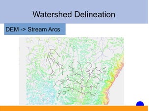 Watershed Delineation
DEM -> Stream Arcs
 
