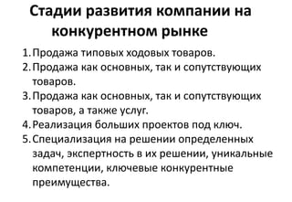 Стадии развития компании на
конкурентном рынке
1.Продажа типовых ходовых товаров.
2.Продажа как основных, так и сопутствующих
товаров.
3.Продажа как основных, так и сопутствующих
товаров, а также услуг.
4.Реализация больших проектов под ключ.
5.Специализация на решении определенных
задач, экспертность в их решении, уникальные
компетенции, ключевые конкурентные
преимущества.
 