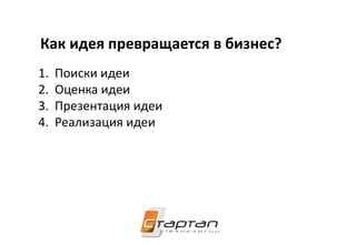 Как идея превращается в бизнес?
1. Поиски идеи
2. Оценка идеи
3. Презентация идеи
4. Реализация идеи
 