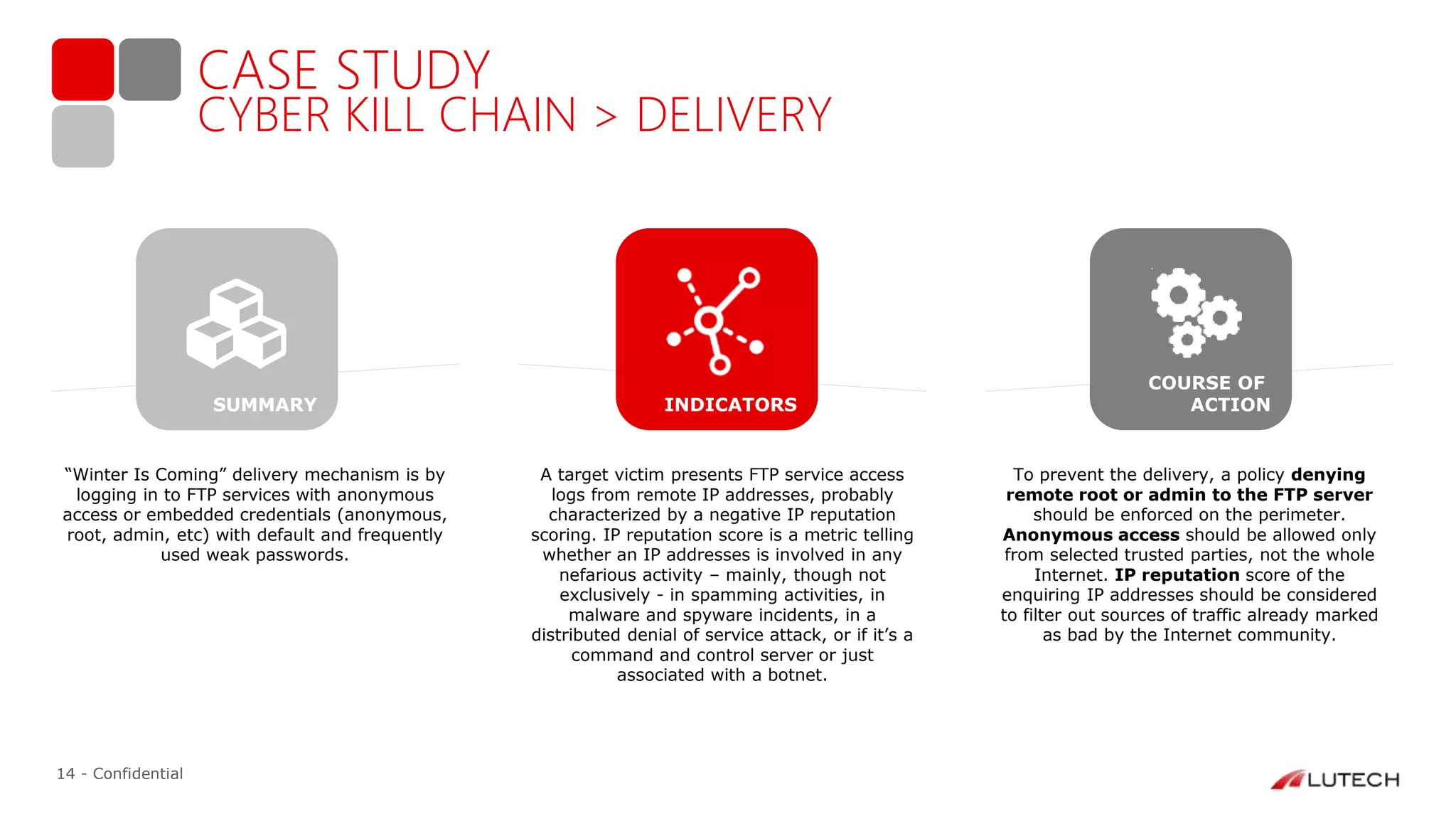14 - Confidential
CASE STUDY
CYBER KILL CHAIN > DELIVERY
“Winter Is Coming” delivery mechanism is by
logging in to FTP services with anonymous
access or embedded credentials (anonymous,
root, admin, etc) with default and frequently
used weak passwords.
A target victim presents FTP service access
logs from remote IP addresses, probably
characterized by a negative IP reputation
scoring. IP reputation score is a metric telling
whether an IP addresses is involved in any
nefarious activity – mainly, though not
exclusively - in spamming activities, in
malware and spyware incidents, in a
distributed denial of service attack, or if it’s a
command and control server or just
associated with a botnet.
To prevent the delivery, a policy denying
remote root or admin to the FTP server
should be enforced on the perimeter.
Anonymous access should be allowed only
from selected trusted parties, not the whole
Internet. IP reputation score of the
enquiring IP addresses should be considered
to filter out sources of traffic already marked
as bad by the Internet community.
INDICATORS
COURSE OF
ACTIONSUMMARY
 
