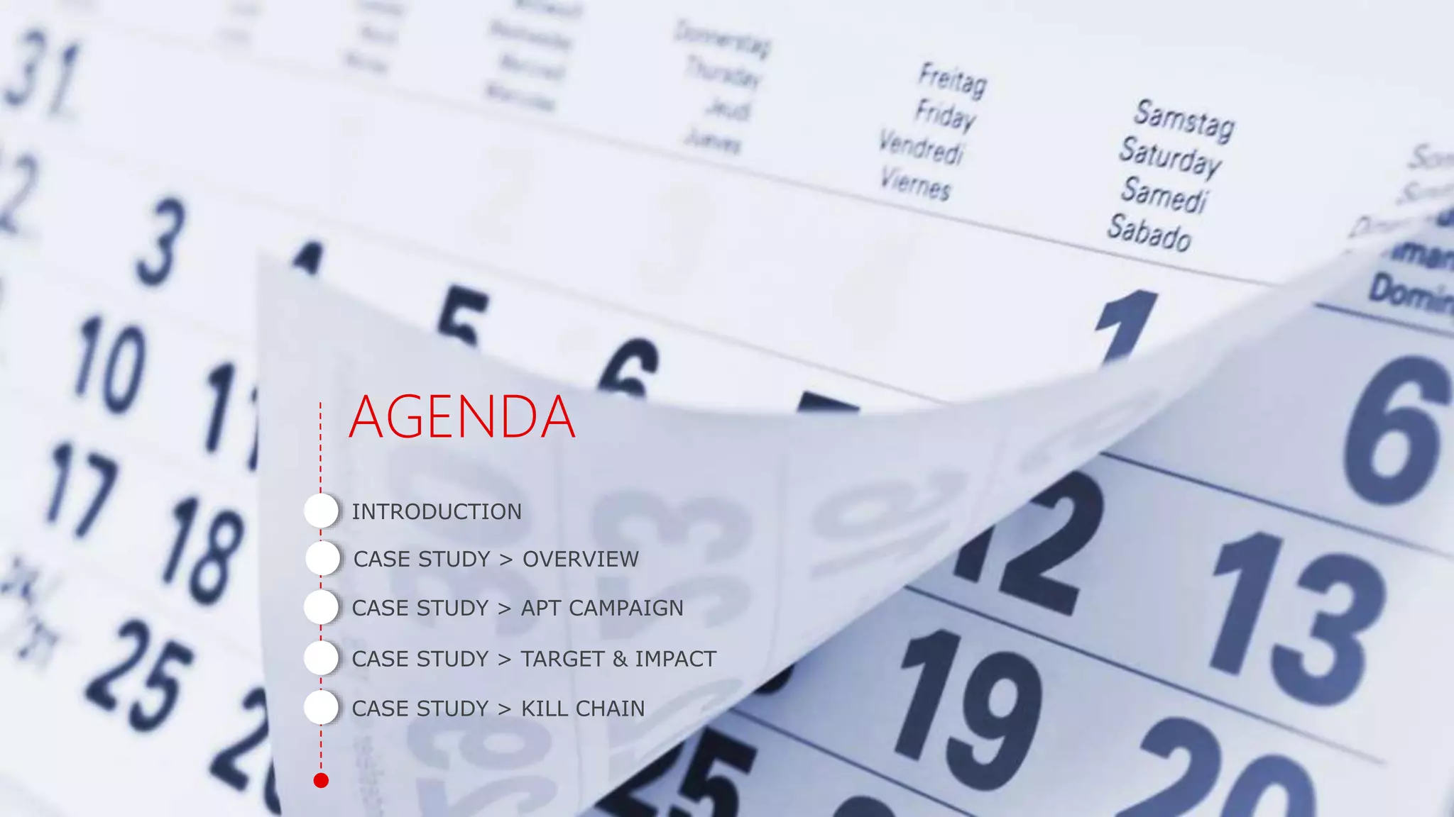 3 - Confidential
AGENDA
INTRODUCTION
CASE STUDY > APT CAMPAIGN
CASE STUDY > TARGET & IMPACT
CASE STUDY > KILL CHAIN
CASE STUDY > OVERVIEW
 