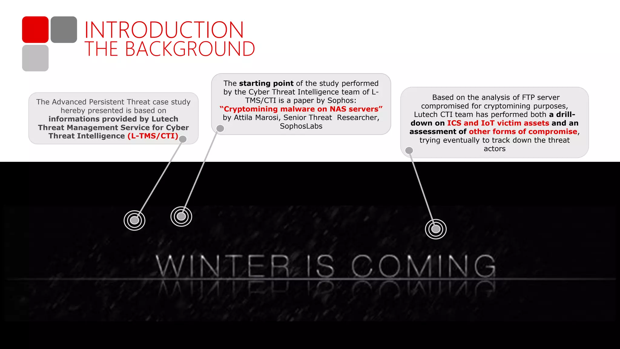 6 - Confidential
INTRODUCTION
THE BACKGROUND
Based on the analysis of FTP server
compromised for cryptomining purposes,
Lutech CTI team has performed both a drill-
down on ICS and IoT victim assets and an
assessment of other forms of compromise,
trying eventually to track down the threat
actors
The Advanced Persistent Threat case study
hereby presented is based on
informations provided by Lutech
Threat Management Service for Cyber
Threat Intelligence (L-TMS/CTI)
The starting point of the study performed
by the Cyber Threat Intelligence team of L-
TMS/CTI is a paper by Sophos:
“Cryptomining malware on NAS servers”
by Attila Marosi, Senior Threat Researcher,
SophosLabs
 