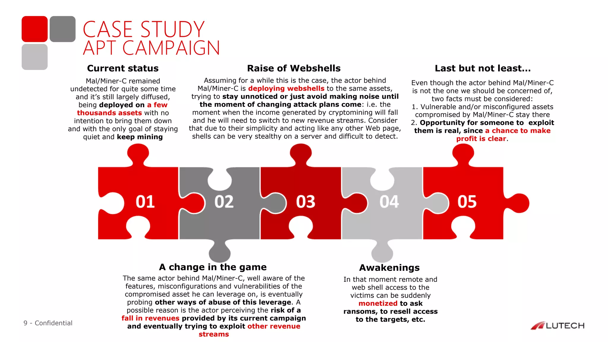 9 - Confidential
Current status
Mal/Miner-C remained
undetected for quite some time
and it’s still largely diffused,
being deployed on a few
thousands assets with no
intention to bring them down
and with the only goal of staying
quiet and keep mining
A change in the game
The same actor behind Mal/Miner-C, well aware of the
features, misconfigurations and vulnerabilities of the
compromised asset he can leverage on, is eventually
probing other ways of abuse of this leverage. A
possible reason is the actor perceiving the risk of a
fall in revenues provided by its current campaign
and eventually trying to exploit other revenue
streams
Awakenings
In that moment remote and
web shell access to the
victims can be suddenly
monetized to ask
ransoms, to resell access
to the targets, etc.
Last but not least…
Even though the actor behind Mal/Miner-C
is not the one we should be concerned of,
two facts must be considered:
1. Vulnerable and/or misconfigured assets
compromised by Mal/Miner-C stay there
2. Opportunity for someone to exploit
them is real, since a chance to make
profit is clear.
Raise of Webshells
Assuming for a while this is the case, the actor behind
Mal/Miner-C is deploying webshells to the same assets,
trying to stay unnoticed or just avoid making noise until
the moment of changing attack plans come: i.e. the
moment when the income generated by cryptomining will fall
and he will need to switch to new revenue streams. Consider
that due to their simplicity and acting like any other Web page,
shells can be very stealthy on a server and difficult to detect.
CASE STUDY
APT CAMPAIGN
 