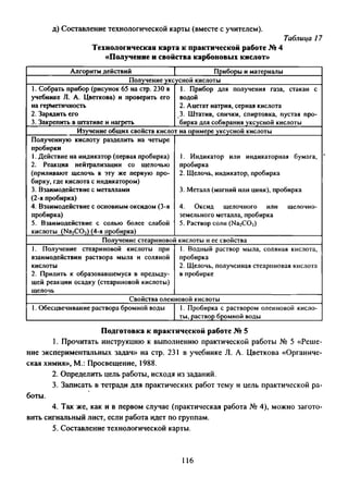д) Составление технологической карты (вместе с учителем).
Таблица 17
Технологическая карта к практической работе № 4
«Получение и свойства карбоновых кислот»
Алгоритм действий | Приборы и материалы
Получение уксусной кислоты
1. Собрать прибор (рисунок 65 на стр. 230 в
учебнике Л. А. Цветкова) и проверить его
на герметичность
2. Зарядить его
3. Закрепить в штативе и нагреть
1. Прибор для получения газа, стакан с
водой
2. Ацетат натрия, серная кислота
3. Штатив, спички, спиртовка, пустая про­
бирка для собирания уксусной кислоты
Изучение общих свойств кислот на примере уксусной кислоты
Полученную кислоту разделить на четыре
пробирки
1. Действие на индикатор (первая пробирка)
2. Реакция нейтрализации со щелочью
(приливают щелочь в эту же первую про­
бирку, где кислота с индикатором)
3. Взаимодействие с металлами
(2-я пробирка)
4. Взаимодействие с основным оксидом (3-я
пробирка)
5. Взаимодействие с солью более слабой
кислоты (Na2CC>3) (4-я пробирка)
1. Индикатор или индикаторная бумага,
пробирка
2. Щелочь, индикатор, пробирка
3. Металл (магний или цинк), пробирка
4. Оксид щелочного или щелочно­
земельного металла, пробирка
5. Раствор соли (Na2C 03)
Получение стеариновой кислоты и ее свойства
1. Получение стеариновой кислоты при
взаимодействии раствора мыла и соляной
кислоты
2. Прилить к образовавшемуся в предыду­
щей реакции осадку (стеариновой кислоты)
щелочь
1. Водный раствор мыла, соляная кислота,
пробирка
2. Щелочь, полученная стеариновая кислота
в пробирке
Свойства олеиновой кислоты
1. Обесцвечивание раствора бромной воды 1. Пробирка с раствором олеиновой кисло­
ты, раствор бромной воды
Подготовка к практической работе № 5
1. Прочитать инструкцию к выполнению практической работы № 5 «Реше­
ние экспериментальных задач» на стр. 231 в учебнике Л. А. Цветкова «Органиче­
ская химия», М.: Просвещение, 1988.
2. Определить цель работы, исходя из заданий.
3. Записать в тетради для практических работ тему и цель практической ра­
боты.
4. Так же, как и в первом случае (практическая работа № 4), можно загото­
вить сигнальный лист, если работа идет по группам.
5. Составление технологической карты.
116
 