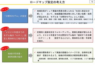 ロードマップ策定の考え方 12
 地域住民がＩｏＴ実装の恩恵を感じられる「生活に身近な分
野」に おいて、地域課題の解決等に対して高い効果・効用
が見込まれる モデルを「分野別モデル」として設定。
（分野） 教育、医療・介護・健康、働き方、防災、農林水産業、地域ビジネス、観
光
官民協働サービス（改定で追加）、スマートシティ（改定で追加）
「分野別モデル」の設定
２０２０年度までの
モデル毎の「ＫＰＩ」設
定と具体的な工程の提示
地域の将来像・
経済効果の提示
 定期的に進捗状況をフォローアップし、着実な実装が図られる
よう、２０２０年度までの分野別モデル毎の「達成すべき目標
（ＫＰＩ）」を 設定するとともに、具体的な工程・手段等
を提示。
 地域の関係者がＩｏＴ実装の意義をイメージでき、自律的な実
装が 促進されるよう、地域の将来像及び経済効果を提示。
（経済効果） 経済波及効果、雇用創出効果、ＩＣＴ投資増加額、ＩＣＴ雇用創出効
果
 