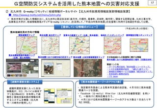 17
Ｇ空間防災システムを活用した熊本地震への災害対応支援
熊本地域住民の方向け情報
熊本地震被害箇所動画マップ
（出典：国土地理院） その他地域からの救援等に関する情報
熊本地震における救援物資受入場所（支援自治体）
関連リンク先
・グーグル株式会社「熊本地震リソースマップ」
・トヨタ自動車株式会社 「通れた道マップ」
・狭域防災情報サービス協議会「被災状況マップ」
・本田技研工業株式会社
・ITS Japan
【提供している情報のメニュー】
（平成28年5月13日現在）
熊本地震 土砂災害被害箇所マップ
開設避難所マップ 熊本地震 給水所マップ 営業中の銭湯マップ（出典：熊本銭湯） 無料Wi-Fiスポットマップ
熊本地震における被災地の状況マップ
【避難所運営支援システム】
避難所運営支援に入った自治
体職員が、GIS（モバイル端末ア
プリ及びWebGIS）を利用して避
難所と現地支援本部の情報共有
するシステムを構築（北九州
市・川崎市が使用した）
携帯電話充電スポットマップ
・ 指定都市市長会による熊本市支援の決定後、４月18日に熊本地震
関連ページを設置。
・ Facebook（Ｇ-motty）やtwitter（北九州市危機管理室）を用い
て、一般向けに周知広報を行う。
・ ４月における熊本地震関連ページへのアクセス数は１日当たり平
均2,006回。
【熊本地震関連ページへのアクセス数】
② 北九州市 G-motty（ジモッティ） 地域情報ポータルサイト 【北九州市総務局情報政策部情報政策課】
■ http://www.g-motty.net/menu/jishin.php
☞ 熊本市等が公表した情報を元に、北九州市と周辺自治体（直方市、行橋市、香春町、苅田町、鞍手町）、関係する民間企業、九州工業大学、
兵庫県立大学が、地域情報発信メディア「G-motty （ジモッティ） 」を活用して、「平成28年熊本地震」の支援等に利用する地図を作成して公開。
 