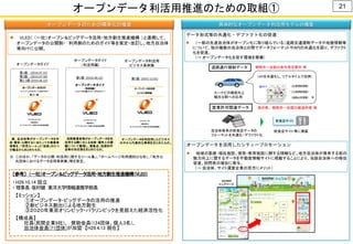 オープンデータ利活用推進のための取組① 21
データ形式等の共通化・デファクト化の促進
 （一部の先進自治体がオープン化に取り組んでいる）道路交通規制データや地盤情報等
について、他の複数の自治体との間でデータフォーマットやAPIの共通化を図り、デファクト
化を促進。
（→ オープンデータ化を促す環境を整備）
SUUMO
トップページ
オープンデータを活用したシティープロモーション
 地域の医療・福祉施設、保育・教育施設に関する情報など、地方自治体が保有する街の
魅力向上に関するデータを不動産情報サイトに掲載することにより、当該自治体への移住
促進、訪問者の増加に寄与。
（→ 自治体、サイト運営企業の双方にメリット）
 VLED（ （一社）オープン＆ビッグデータ活用・地方創生推進機構 ）と連携して、
オープンデータの公開側・ 利用側のためのガイド等を策定・改訂し、地方自治体
等向けに公開。
オープンデータのための標準化の推進
※ このほか、「データの公開・利活用に関するツール集」、「ホームページ利用規約ひな形」、「地方公
共団体におけるデータ活用事例集」等を策定。
オープンデータガイド
第1版 (2014.07.31)
第2版 (2015.07.30)
第2.1版 (2016.06.22)
国、自治体等がオープンデータを作
成・整形・公開するに当たっての留意事
項等を、「利用ルール」と「技術」の２つ
の観点からまとめたもの。
オープンデータガイド
（利活用編）
第1版 (2016.06.22)
民間事業者等がオープンデータを利
活用する際に生じる技術・運用上の課
題について整理し、留意点、技術的手
法等の対応策をまとめたもの。
オープンデータ利活用
ビジネス事例集
第1版 (2015.12.01)
オープンデータを利活用したビジネス
の中から代表的な事例をまとめたもの。
〔参考〕 （一社）オープン＆ビッグデータ活用・地方創生推進機構（VLED）
・H26.10.14 設立
・理事長：坂村健 東洋大学情報連携学部長
【ミッション】
①オープンデータ・ビッグデータの活用の推進
②新ビジネス創出による地方創生
③２０２０年東京オリンピック・パラリンピックを見据えた経済活性化
【構成員】
社員(民間企業9社)、 賛助会員(124団体、個人3名)、
自治体会員(71団体)が加盟 【H29.4.13 現在】
道路通行規制データ
紐付け 《災害規制情報》
《工事規制情報》
《道路占有情報》 等
（APIを共通化し、リアルタイムで反映）
カーナビの精度向上
観光分野への応用
静岡市→全国の政令指定都市 等
営業許可関連データ
飲食店サイト等に実装自治体保有の飲食店データの
フォーマットを共通化・デファクト化
福井県、 静岡市→全国の都道府県 等
飲食店サイト
具体的なオープンデータ利活用モデルの構築
 