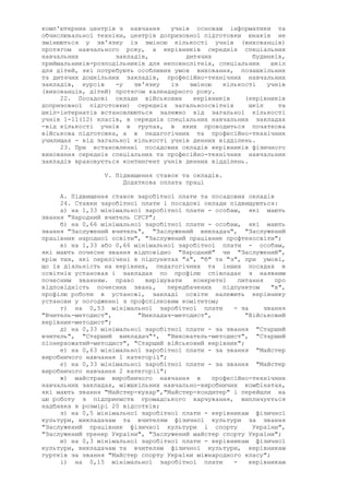 комп'ютерних центрів з навчання учнів основам інформатики та
обчислювальної техніки, центрів допризовної підготовки юнаків не
змінюються у зв'язку із зміною кількості учнів (вихованців)
протягом навчального року, а керівників середніх спеціальних
навчальних закладів, дитячих будинків,
приймальників-розподільників для неповнолітніх, спеціальних шкіл
для дітей, які потребують особливих умов виховання, позашкільних
та дитячих дошкільних закладів, професійно-технічних навчальних
закладів, курсів -у зв'язку із зміною кількості учнів
(вихованців, дітей) протягом календарного року.
22. Посадові оклади військових керівників (керівників
допризовної підготовки) середніх загальноосвітніх шкіл та
шкіл-інтернатів встановлюються залежно від загальної кількості
учнів 1-11(12) класів, в середніх спеціальних навчальних закладах
-від кількості учнів в групах, в яких проводиться початкова
військова підготовка, а в педагогічних та професійно-технічних
училищах - від загальної кількості учнів денних відділень.
23. При встановленні посадових окладів керівників фізичного
виховання середніх спеціальних та професійно-технічних навчальних
закладів враховується контингент учнів денних відділень.
V. Підвищення ставок та окладів.
Додаткова оплата праці
А. Підвищення ставок заробітної плати та посадових окладів
24. Ставки заробітної плати і посадові оклади підвищуються:
а) на 1,33 мінімальної заробітної плати - особам, які мають
звання "Народний вчитель СРСР";
б) на 0,66 мінімальної заробітної плати - особам, які мають
звання "Заслужений вчитель", "Заслужений викладач", "Заслужений
працівник народної освіти", "Заслужений працівник профтехосвіти";
в) на 1,33 або 0,66 мінімальної заробітної плати - особам,
які мають почесне звання відповідно "Народний" чи "Заслужений",
крім тих, які перелічені в підпунктах "а", "б" та "з", при умові,
що їх діяльність на керівних, педагогічних та інших посадах в
освітніх установах і закладах по профілю співпадає з наявним
почесним званням. право вирішувати конкретні питання про
відповідність почесних звань, передбачених підпунктом "в",
профілю роботи в установі, закладі освіти належить керівнику
установи у погодженні з профспілковим комітетом;
г) на 0,53 мінімальної заробітної плати - за звання
"Вчитель-методист", "Викладач-методист", "Військовий
керівник-методист";
д) на 0,33 мінімальної заробітної плати - за звання "Старший
вчитель", "Старший викладач"*, "Вихователь-методист", "Старший
піонервожатий-методист", "Старший військовий керівник";
е) на 0,63 мінімальної заробітної плати - за звання "Майстер
виробничого навчання 1 категорії";
є) на 0,33 мінімальної заробітної плати - за звання "Майстер
виробничого навчання 2 категорії";
ж) майстрам виробничого навчання в професійно-технічних
навчальних закладах, міжшкільних навчально-виробничих комбінатах,
які мають звання "Майстер-кухар","Майстер-кондитер" і перейшли на
цю роботу з підприємств громадського харчування, виплачується
надбавка в розмірі 20 відсотків;
з) на 0,5 мінімальної заробітної плати - керівникам фізичної
культури, викладачам та вчителям фізичної культури за звання
"Заслужений працівник фізичної культури і спорту України",
"Заслужений тренер України", "Заслужений майстер спорту України";
и) на 0,3 мінімальної заробітної плати - керівникам фізичної
культури, викладачам та вчителям фізичної культури, керівникам
гуртків за звання "Майстер спорту України міжнародного класу";
і) на 0,15 мінімальної заробітної плати - керівникам
 