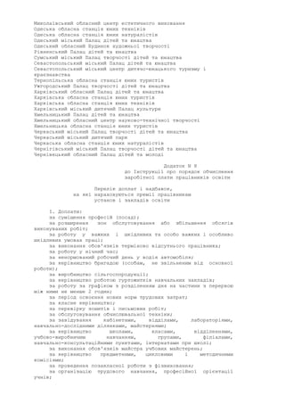 Миколаївський обласний центр естетичного виховання
Одеська обласна станція юних техніків
Одеська обласна станція юних натуралістів
Одеський міський Палац дітей та юнацтва
Одеський обласний Будинок художньої творчості
Рівненський Палац дітей та юнацтва
Сумський міський Палац творчості дітей та юнацтва
Севастопольський міський Палац дітей та юнацтва
Севастопольський міський центр дитячо-юнацького туризму і
краєзнавства
Тернопільська обласна станція юних туристів
Ужгородський Палац творчості дітей та юнацтва
Харківський обласний Палац дітей та юнацтва
Харківська обласна станція юних туристів
Харківська обласна станція юних техніків
Харківський міський дитячий Палац культури
Хмельницький Палац дітей та юнацтва
Хмельницький обласний центр науково-технічної творчості
Хмельницька обласна станція юних туристів
Черкаський міський Палац творчості дітей та юнацтва
Черкаський міський дитячий парк
Черкаська обласна станція юних натуралістів
Чернігівський міський Палац творчості дітей та юнацтва
Чернівецький обласний Палац дітей та молоді
Додаток N 8
до Інструкції про порядок обчислення
заробітної плати працівників освіти
Перелік доплат і надбавок,
на які нараховуються премії працівникам
установ і закладів освіти
I. Доплати:
за суміщення професій (посад);
за розширення зон обслуговування або збільшення обсягів
виконуваних робіт;
за роботу у важких і шкідливих та особо важких і особливо
шкідливих умовах праці;
за виконання обов'язків терміново відсутнього працівника;
за роботу у нічний час;
за ненормований робочий день у водія автомобіля;
за керівництво бригадою (особам, не звільненим від основної
роботи);
за виробництво сільгосппродукції;
за керівництво роботою гуртожитків навчальних закладів;
за роботу за графіком з розділенням дня на частини з перервою
між ними не менше 2 годин;
за період освоєння нових норм трудових затрат;
за класне керівництво;
за перевірку зошитів і письмових робіт;
за обслуговування обчислювальної техніки;
за завідування кабінетами, відділами, лабораторіями,
навчально-дослідними ділянками, майстернями;
за керівництво школами, класами, відділеннями,
учбово-виробничим навчанням, групами, філіалами,
навчально-консультаційними пунктами, інтернатами при школі;
за виконання обов'язків майстра учбових майстерень;
за керівництво предметними, цикловими і методичними
комісіями;
за проведення позакласної роботи з фізвиховання;
за організацію трудового навчання, професійної орієнтації
учнів;
 