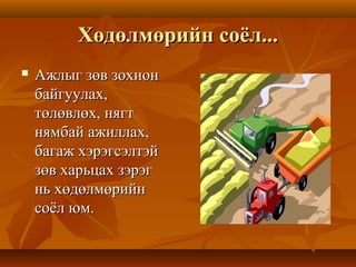 Хөдөлмөрийн соёл...Хөдөлмөрийн соёл...
 Ажлыг зөв зохионАжлыг зөв зохион
байгуулах,байгуулах,
төлөвлөх, нягттөлөвлөх, нягт
нямбай ажиллах,нямбай ажиллах,
багаж хэрэгсэлтэйбагаж хэрэгсэлтэй
зөв харьцах зэрэгзөв харьцах зэрэг
нь хөдөлмөрийннь хөдөлмөрийн
соёл юм.соёл юм.
 