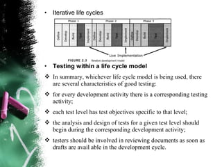• Iterative life cycles
• Testing within a life cycle model
 In summary, whichever life cycle model is being used, there
are several characteristics of good testing:
 for every development activity there is a corresponding testing
activity;
 each test level has test objectives specific to that level;
 the analysis and design of tests for a given test level should
begin during the corresponding development activity;
 testers should be involved in reviewing documents as soon as
drafts are avail able in the development cycle.
 
