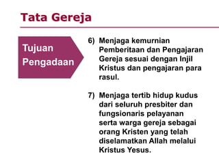 Tata Gereja
6) Menjaga kemurnian
Pemberitaan dan Pengajaran
Gereja sesuai dengan Injil
Kristus dan pengajaran para
rasul.
7) Menjaga tertib hidup kudus
dari seluruh presbiter dan
fungsionaris pelayanan
serta warga gereja sebagai
orang Kristen yang telah
diselamatkan Allah melalui
Kristus Yesus.
Tujuan
Pengadaan
 