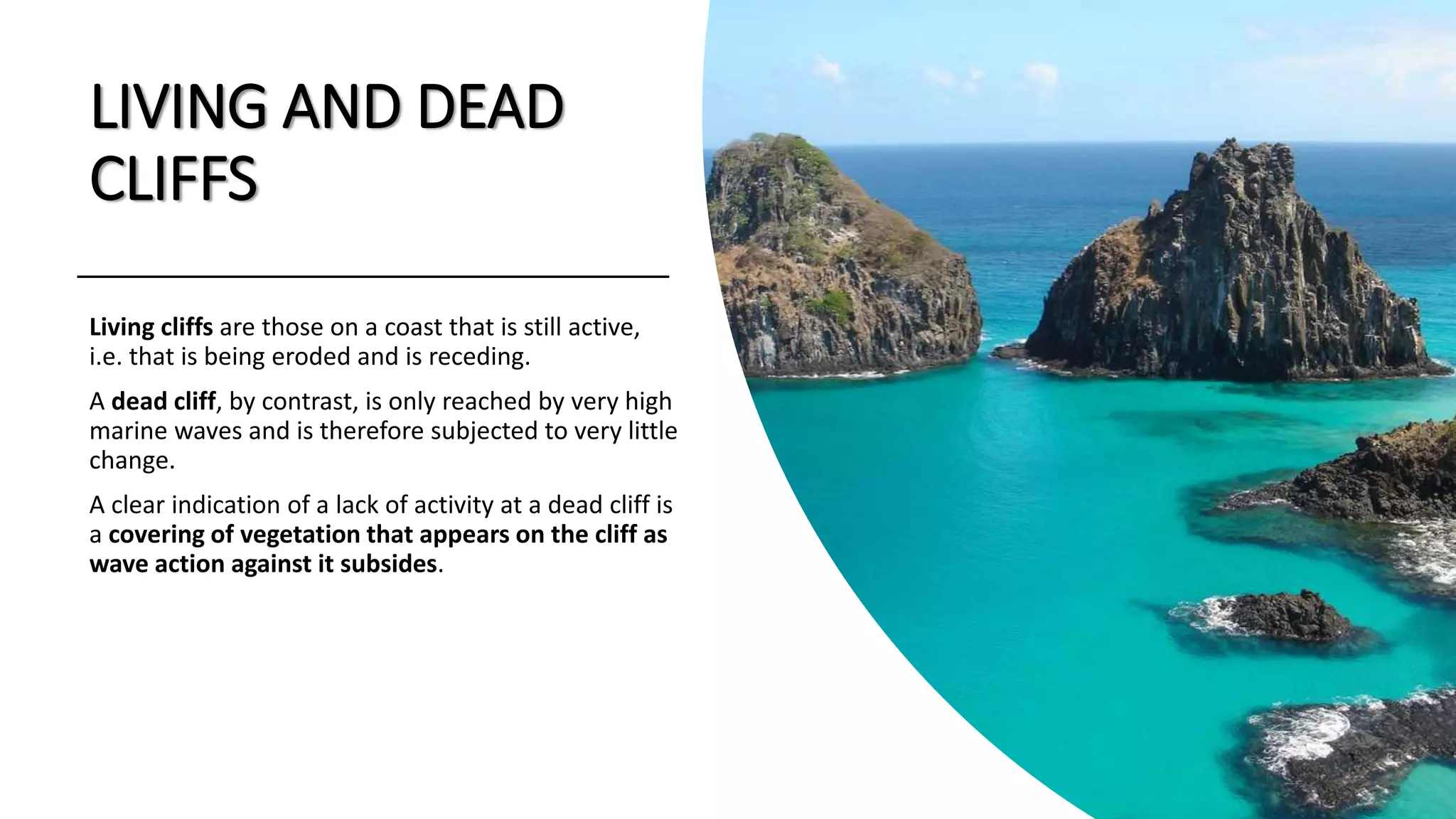 LIVING AND DEAD
CLIFFS
Living cliffs are those on a coast that is still active,
i.e. that is being eroded and is receding.
A dead cliff, by contrast, is only reached by very high
marine waves and is therefore subjected to very little
change.
A clear indication of a lack of activity at a dead cliff is
a covering of vegetation that appears on the cliff as
wave action against it subsides.
 