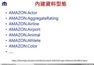 A QX[T8Te HI
w j
? 5A5LCB 5Rc a
? 5A5LCB 5 aT PcTFPcX]
? 5A5LCB 5Xa[X]T
? 5A5LCB 5Xa_ ac
? 5A5LCB 5]X P[
? 5A5LCB 5cW[TcT
? 5A5LCB 7 [ a
?
35
https://developer.amazon.com/docs/custom-skills/slot-type-reference.html#list-types
 