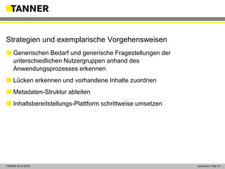 © 2014 vertraulich | Folie 15TANNER AG © 2018 vertraulich | Folie 15
 Generischen Bedarf und generische Fragestellungen der
unterschiedlichen Nutzergruppen anhand des
Anwendungsprozesses erkennen
 Lücken erkennen und vorhandene Inhalte zuordnen
 Metadaten-Struktur ableiten
 Inhaltsbereitstellungs-Plattform schrittweise umsetzen
Strategien und exemplarische Vorgehensweisen
 