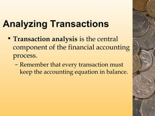 Analyzing Transactions
• Transaction analysis is the central
component of the financial accounting
process.
– Remember that every transaction must
keep the accounting equation in balance.
 