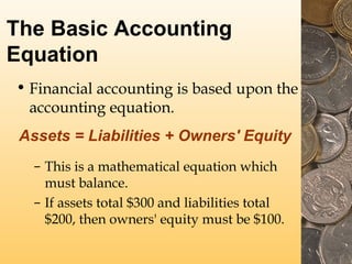 The Basic Accounting
Equation
• Financial accounting is based upon the
accounting equation.
Assets = Liabilities + Owners'...