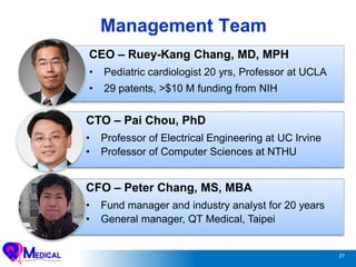 31
Management Team
CEO – Ruey-Kang Chang, MD, MPH
• Pediatric cardiologist 20 yrs, Professor at UCLA
• 29 patents, >$10 M funding from NIH
CFO – Peter Chang, MS, MBA
• Fund manager and industry analyst for 20 years
• General manager, QT Medical, Taipei
CTO – Pai Chou, PhD
• Professor of Electrical Engineering at UC Irvine
• Professor of Computer Sciences at NTHU
 